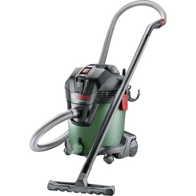A green Bosch vacuum cleaner with a black suction tube and red switch, model number visible. Suitable for floor cleaning.