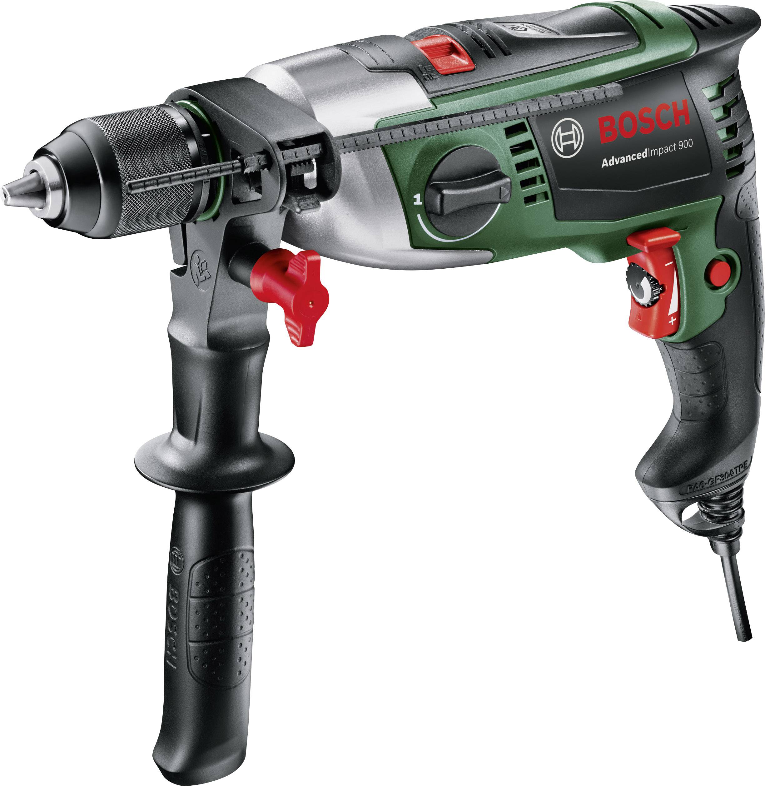 A green and black Bosch drill with a red and black handle. It is an AdvancedImpact 900 model with variable speed.