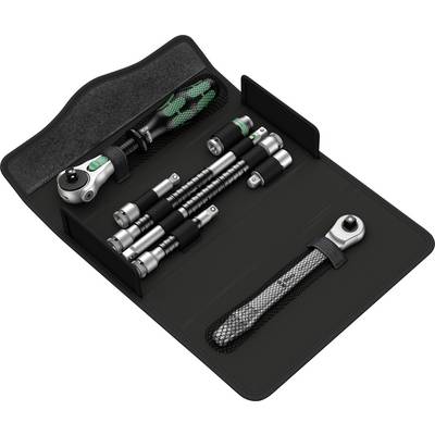 A folding case with a tool set comprising a ratchet, screwdrivers, and extensions. Includes various bit sizes.