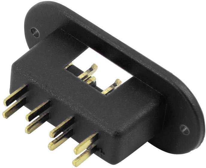 A black, rectangular plug with six golden pins, mounted on an oval plate with two mounting holes.