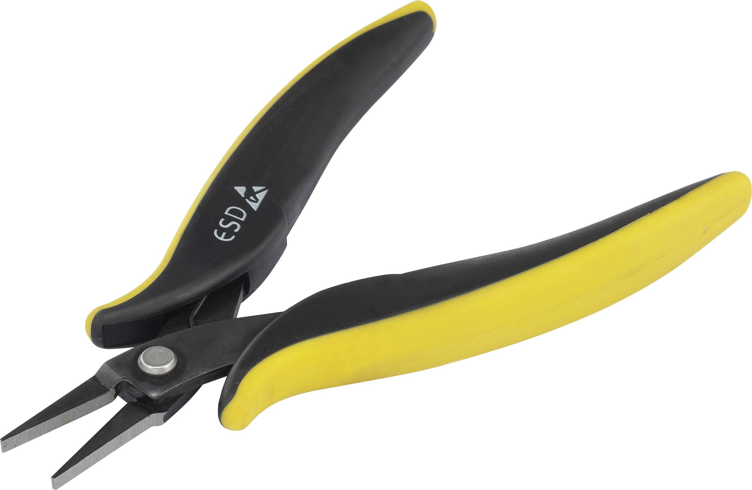 A black and yellow ESD tweezers with a flat head, specifically designed for the safe handling of sensitive electronic components.