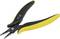 A black and yellow ESD tweezers with a flat head, specifically designed for the safe handling of sensitive electronic components.