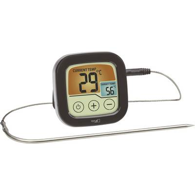 A digital kitchen thermometer shows the current temperature of 29°C next to a target temperature of 56°C. A probe is connected.
