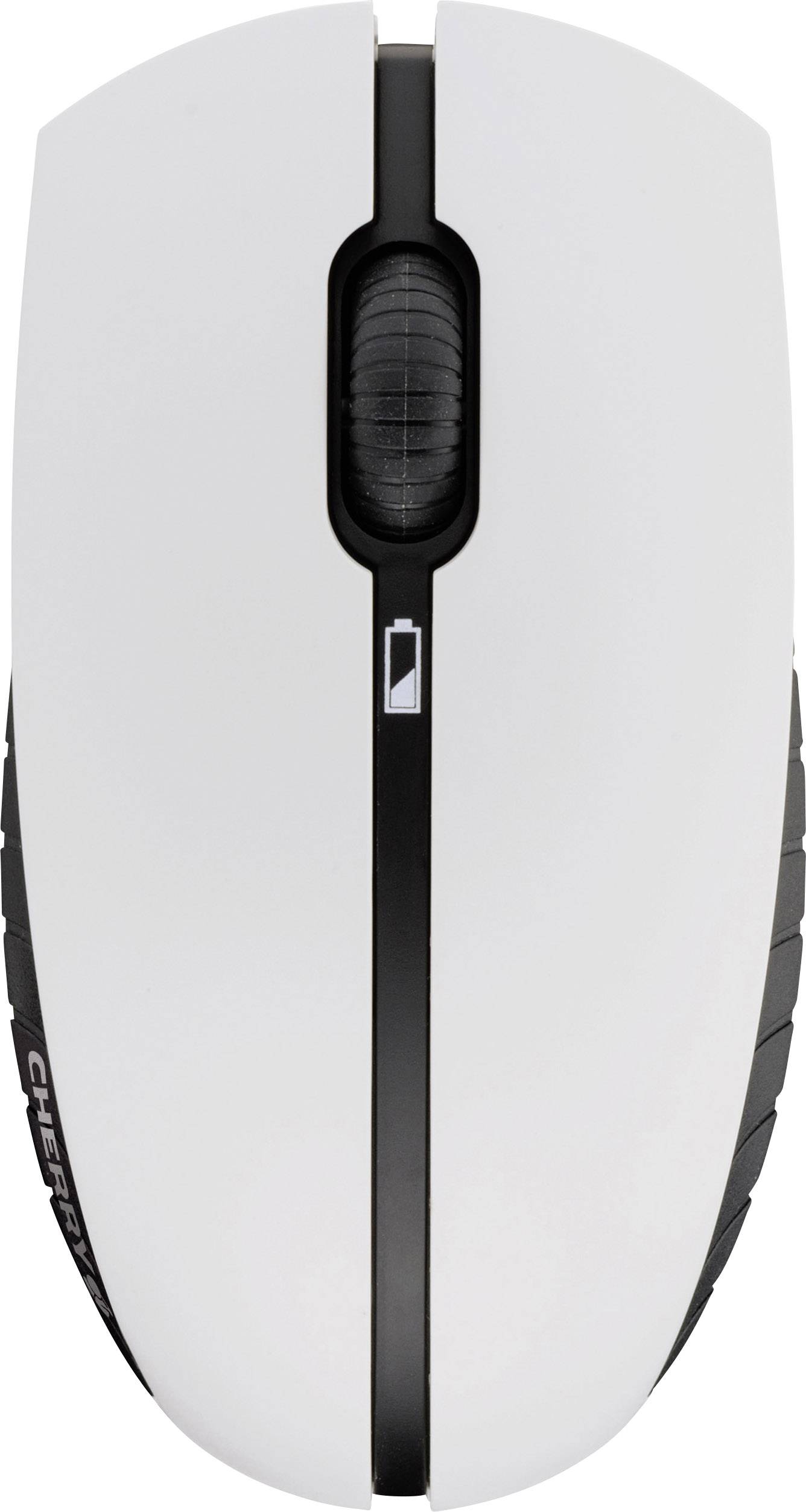 White computer mouse with a black scroll wheel and side grips. A small battery level indicator is visible above the wheel.