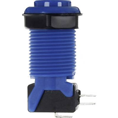 Blue push button with a ribbed casing and black details. Two metal contacts for electrical connections at the base.