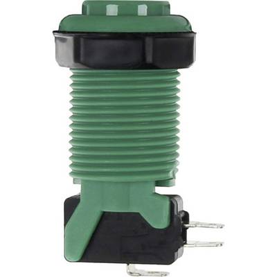 A green, mountable push-button switch with a black border and metal terminals at the bottom, commonly used in electronic applications.
