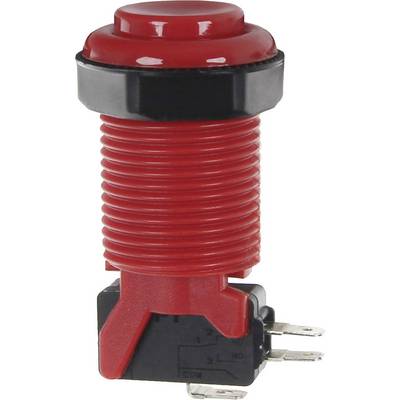 A red push button with a knurled casing and three metal terminals. Used for control in electronic devices.