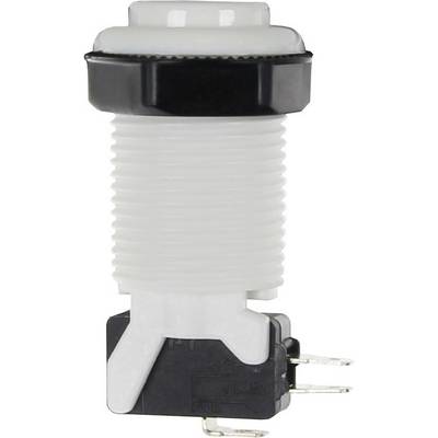 A white, ridged push button with a black border, shown from the side view. Two metal contacts protrude at the bottom.