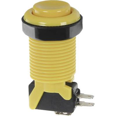 A yellow, round push button with a black border, mounted on a black base with electrical connections on the underside.