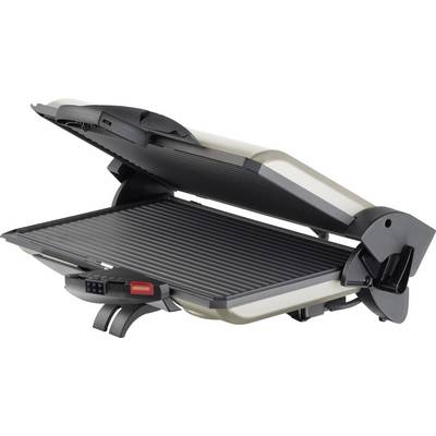 An electric contact grill with open grilling plates, suitable for grilling meat, vegetables, and paninis in a domestic kitchen.