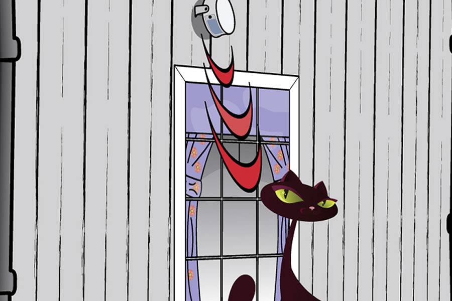 An animated cat with yellow eyes peers through an open window. A bucket hangs precariously above it, seeming on the verge of tipping over.