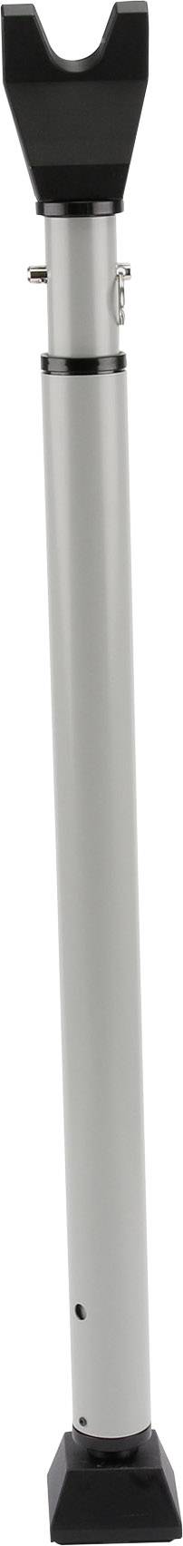 An adjustable, silver table leg with a black plastic base and head. Suitable for stabilising furniture.