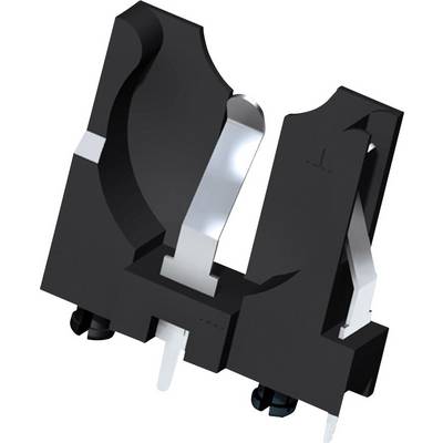 A black battery holder designed to hold two coin cell batteries. It features silver contacts and is typically used in electronic devices.