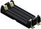 Black battery holder for two AA batteries with gold-coloured contacts, suitable for electronic applications.