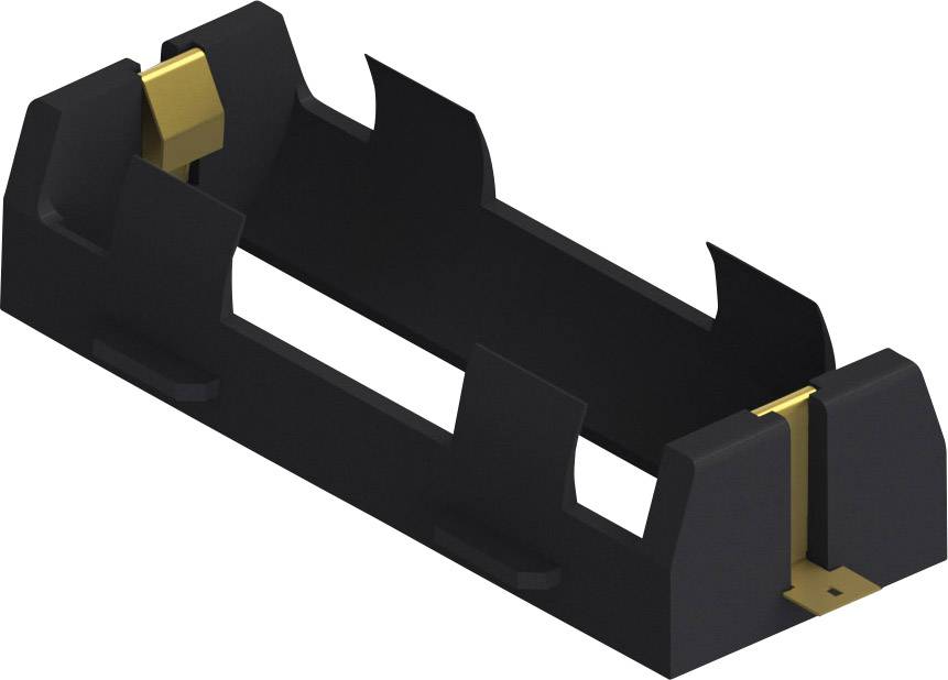 A black plastic battery holder with gold-coloured contacts. Suitable for holding cylindrical batteries.