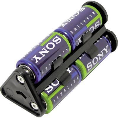 Four AA alkaline batteries in a plastic holder, arranged horizontally, with distinctive brand printing in blue and green.