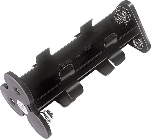 A black battery compartment holder with multiple clips and screws for fastening, suitable for electronic devices.