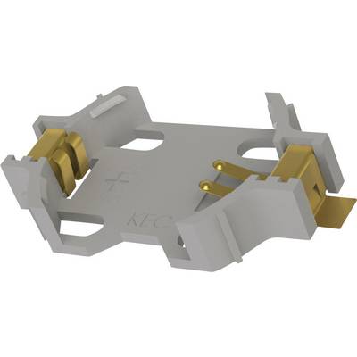 A grey battery holder with golden contacts, suitable for button cell batteries.