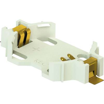 White, rectangular plastic mounting bracket with gold-plated contacts and a plus marking on it. Used in electrical equipment.