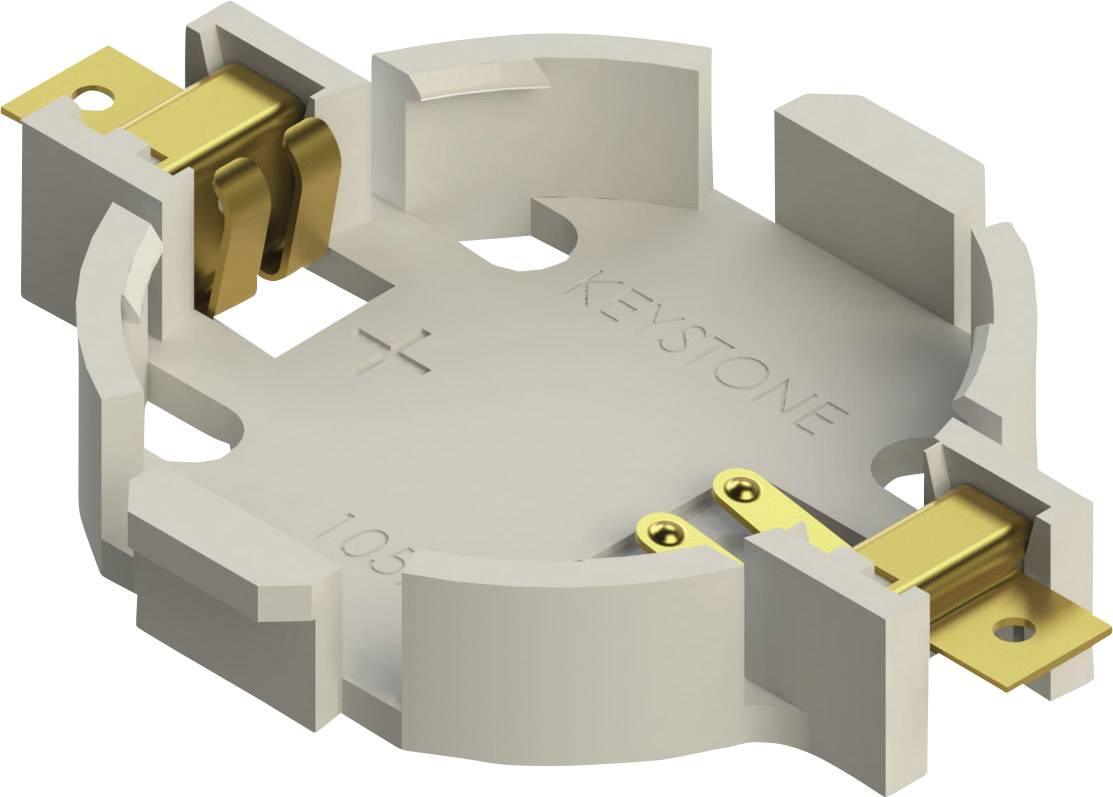 A white battery holder with two golden contacts, suitable for circular battery mounting.