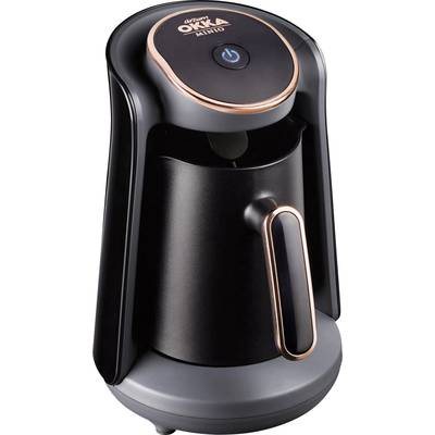 Electric coffee maker in black with rose gold decoration, suitable for preparing Turkish coffee.