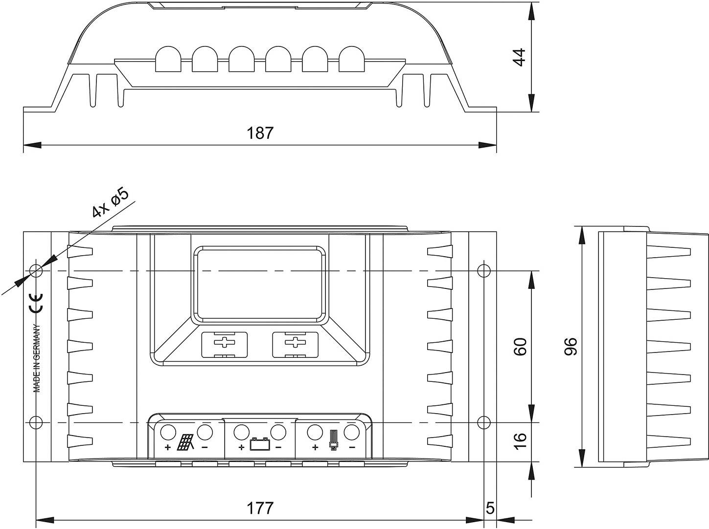 Technical drawing of an electronic device with dimensions in millimetres: width 187, height 96, depth 60. Shows front, side, and top view.