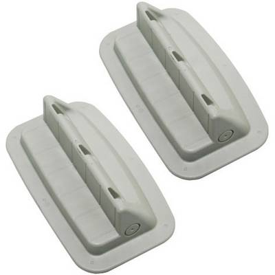 Two grey, rectangular plastic objects with handles, lying side by side.