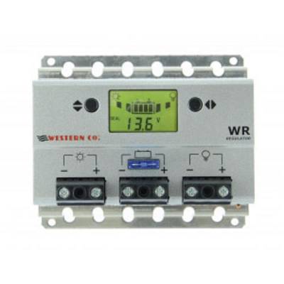 Electronic voltage regulator with display, showing 13.6V. Marked with 'Western Co'. Two buttons and LED indicators are visible.