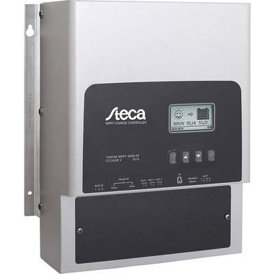 A solar charge controller with a display showing electrical values. Brand 'Steca', Model MPPT 6000-M, Capacity 60A.