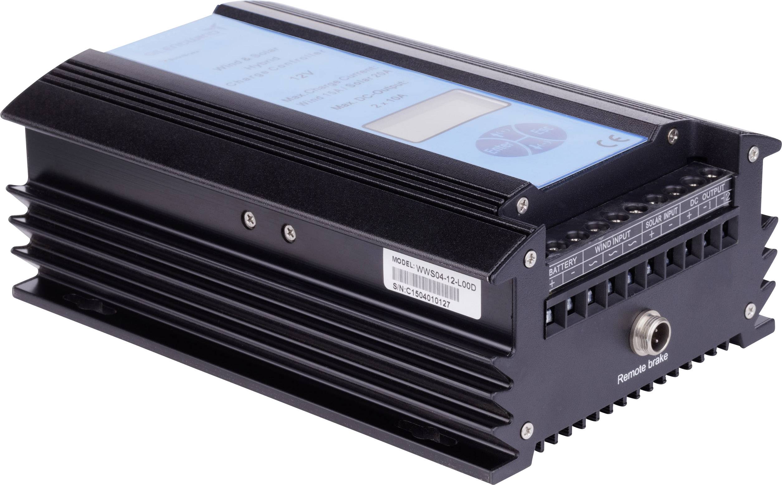 A navy-blue and black technical device with a display and ventilation slots, possibly an electronic controller or converter.