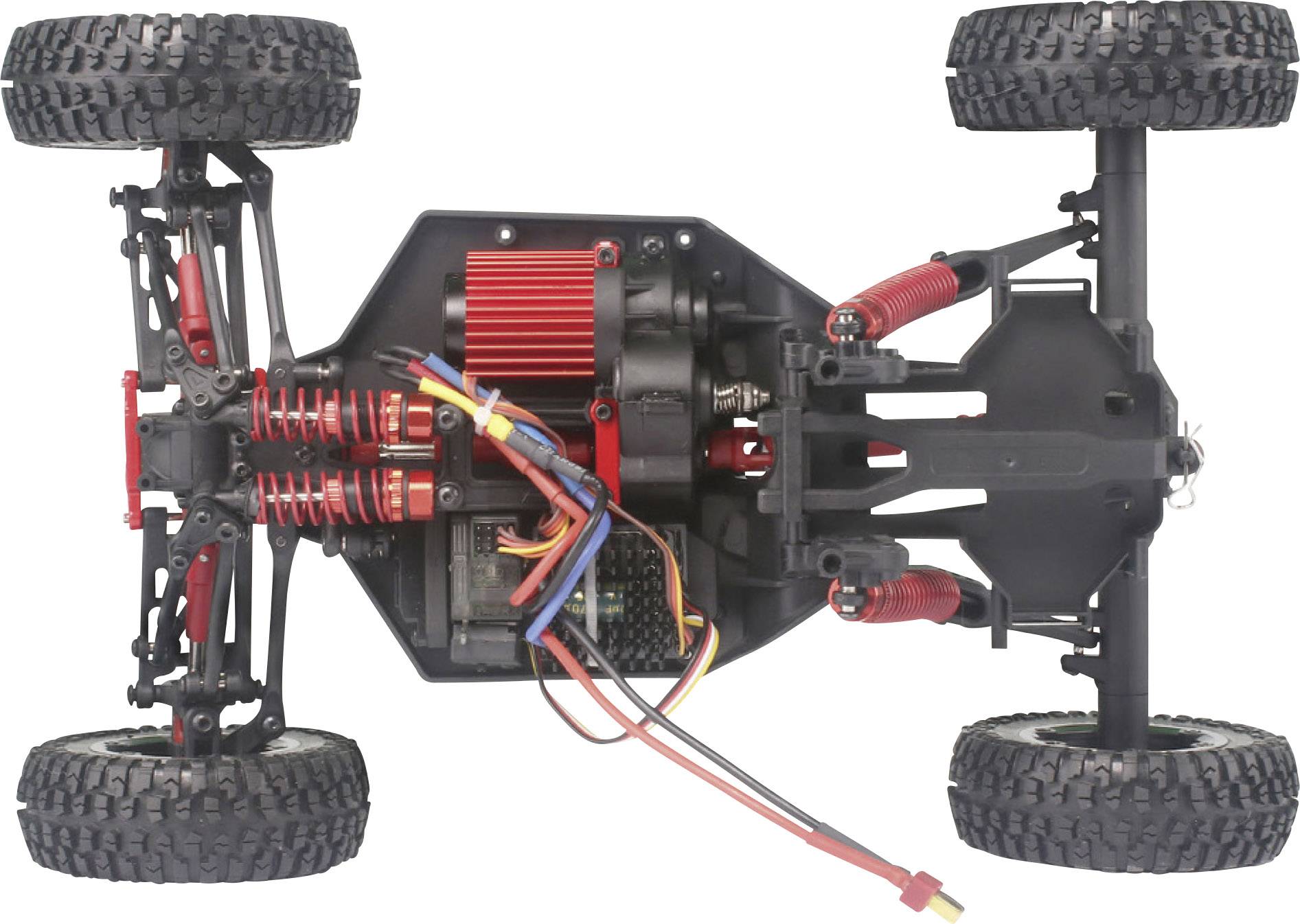 Remote-controlled car chassis viewed from underneath, showing the drive system, shock absorbers, and electronic components.