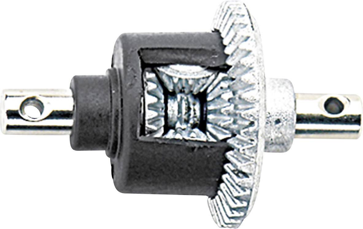 A small, black and silver spur bevel gear transmission with small metal axles at both ends, typically used for model-making.