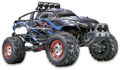 Remote-controlled, black and blue off-road toy car with large tyres and robust design for challenging terrain.