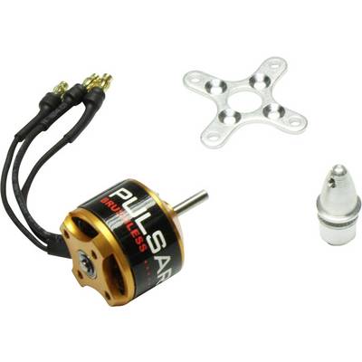 Brushless electric motor with 'Pulsar' inscription, silver mounting bracket, three cable connections, and silver fixing screw.