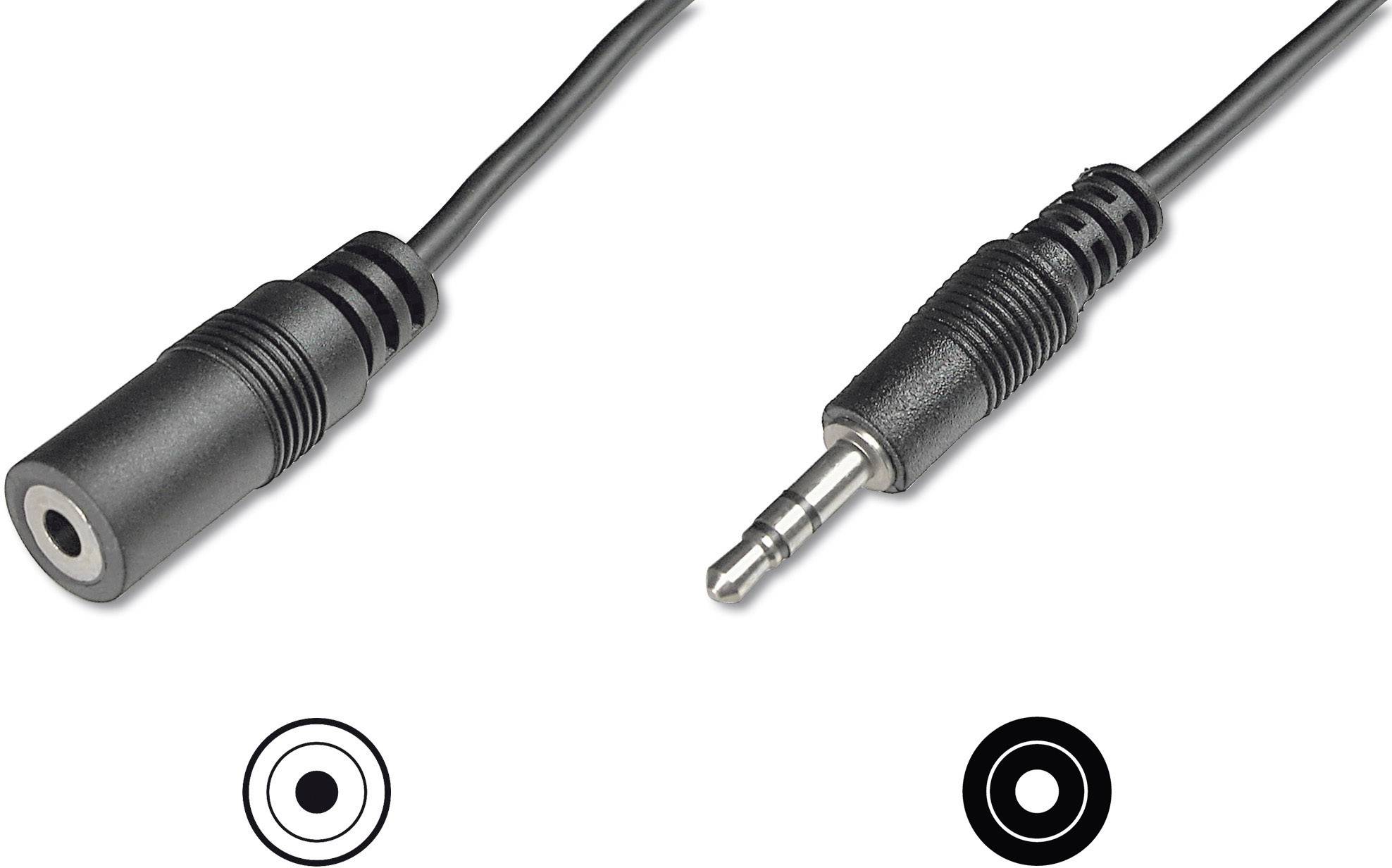 Socket and plug for audio cable, 3.5 mm jack connector, black. On the left the socket, on the right the plug.
