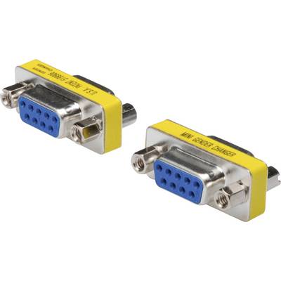 'Two VGA plugs with yellow casings and blue connectors, one with male pins and one with female pins for a gender changer.'