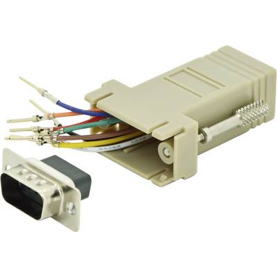 A beige RJ45-to-Serial adapter with stripped cable ends and a DB9 connector.