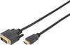 Digitus HDMI / DVI Adapter cable HDMI-A plug, DVI-D 18+1-pin plug 2.00 m Black DB-330300-020-S Round, gold plated connectors, double shielding HDMI cable