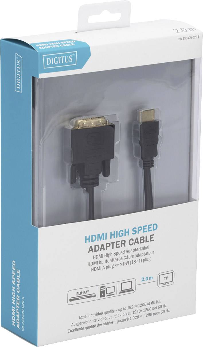 Packaging of a HDMI High Speed adaptor cable by Digitus, showing an HDMI to DVI connection, suitable for Blu-Ray and TV.
