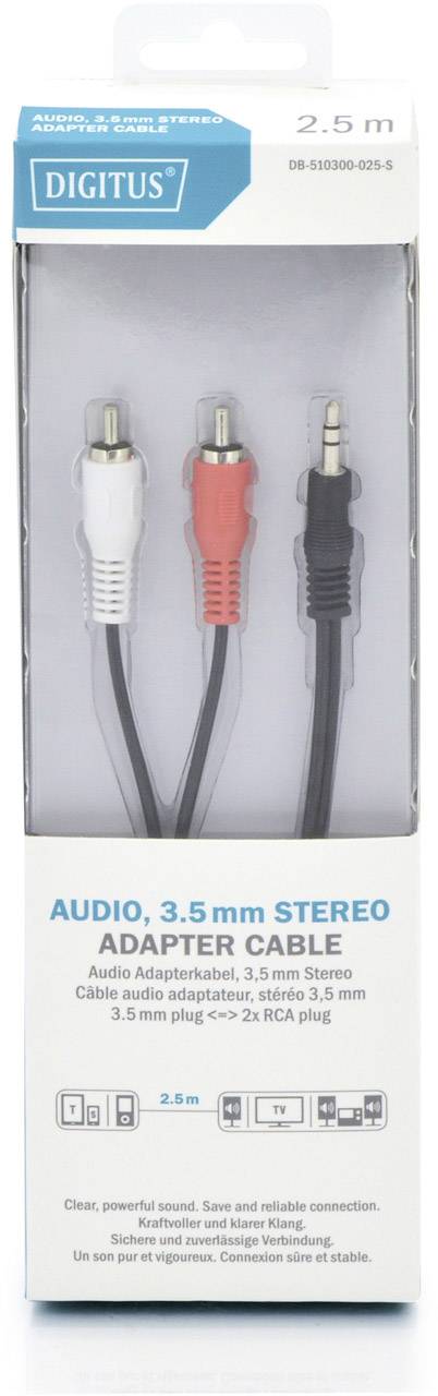 Digitus DB-510300-025-S Jack / RCA Audio/phono Cable [1x Jack plug 3.5 mm - 2x RCA plug (phono)] 2.50 m Black Single shi-1