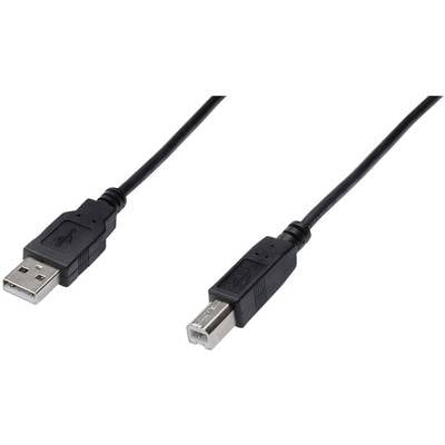A USB cable with a USB-A plug on the left and a USB-B plug on the right. Suitable for connecting devices to computers.