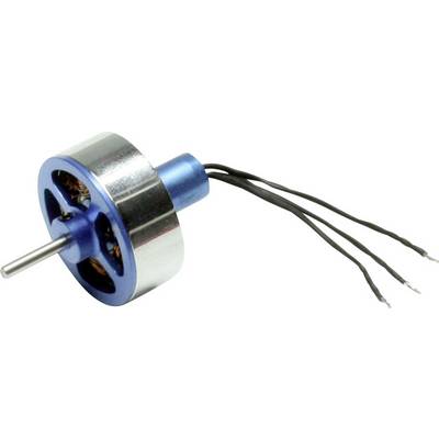 A blue electric motor with a metal casing and three black cables. Suitable for use in model aeroplanes or drones.