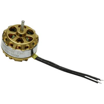 Small gold-coloured electric motor with cables, suitable for model-making applications such as drones or remote-controlled vehicles.