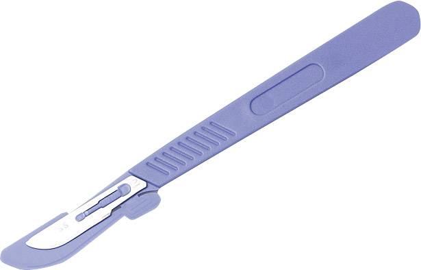 A surgical scalpel with a blue handle and sharp blade, used for precise medical incisions.
