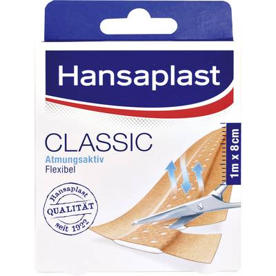 Packaging for a 'Hansaplast Classic' plaster, 1m x 8cm. Text: 'Breathable, Flexible, Hansaplast Quality since 1922'. Pictured scissors cutting the plaster.