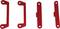 Red metal angle brackets in various shapes and sizes that could be used as fixing elements, against a white background.