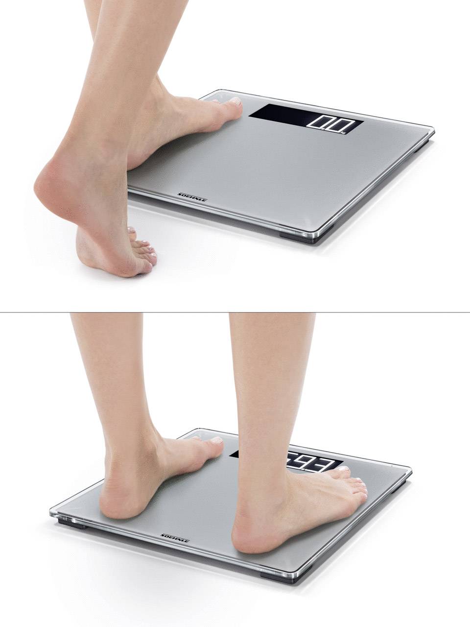 A person is standing barefoot on a digital scale. The small display on the scale shows their weight.