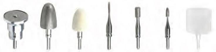 Image of seven different attachments for rotary tools, each with different shapes and materials for specific applications.