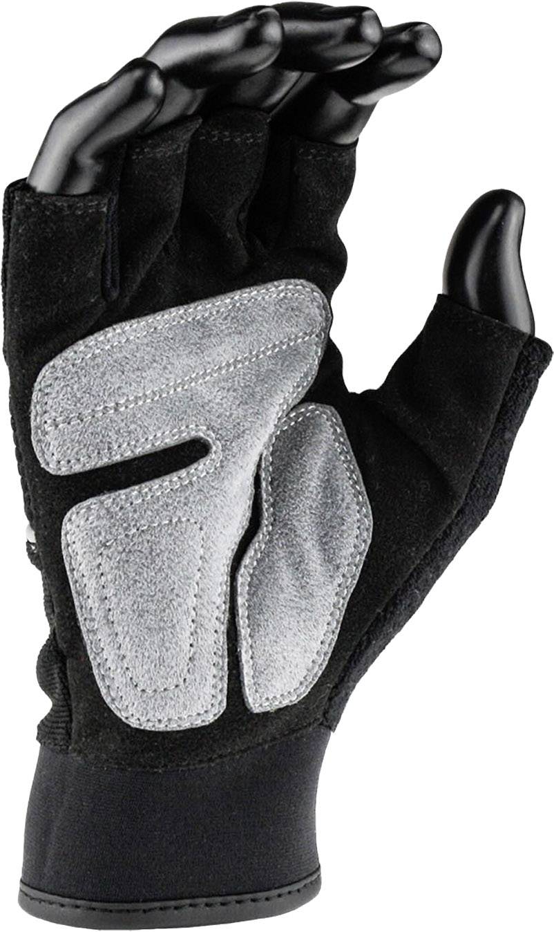 A black glove with grey reinforcements on the palm. The hand is slightly open, revealing the inner surface.