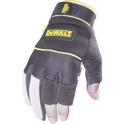 A black work glove with a yellow logo on the back of the hand. Four fingers are partially exposed.